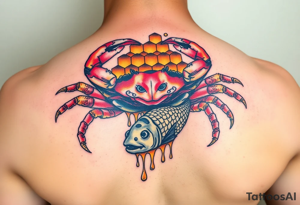 Powerful crab surrounded by dripping honey comb, eating coi fish tattoo idea