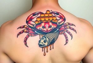 Powerful crab surrounded by dripping honey comb, eating coi fish tattoo idea