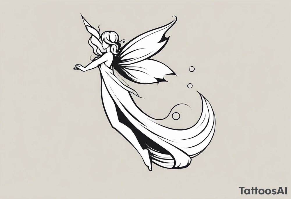 Minimalistic, monochromatic fairy with a tail flying to the left in a fetal position, leaning and looking in the same direction, with visible hands, embodying the 'Fairy Tail' logo aesthetic. tattoo idea