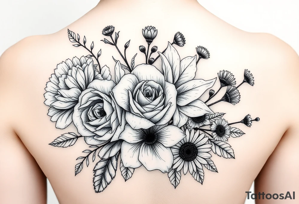 3d realistic Bouquet of flowers with a Carnation, a rose, a lily, a larksper, and aster flowers tattoo idea