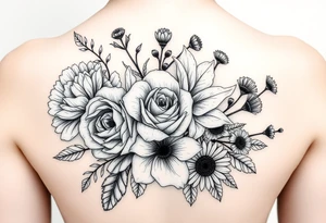 3d realistic Bouquet of flowers with a Carnation, a rose, a lily, a larksper, and aster flowers tattoo idea