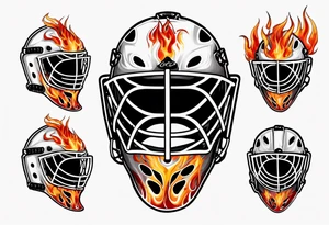 "SHOT HOCKEY" goalie mask with crossed hockey sticks and flames tattoo idea