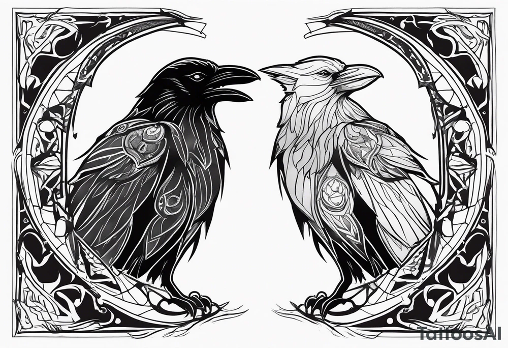 raven and wolf facing the front tattoo idea
