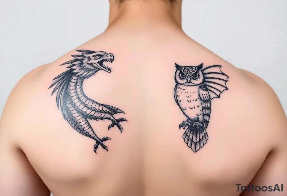 dragon and owl tattoo idea