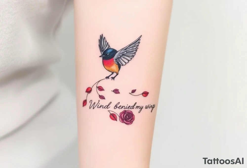 Soaring robin with trail of red rose petals with writing saying wind beneath my wings tattoo idea