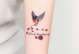 Soaring robin with trail of red rose petals with writing saying wind beneath my wings tattoo idea