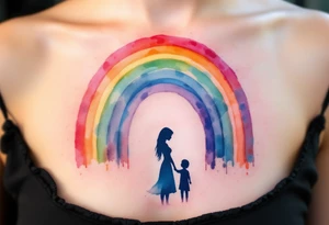 A rainbow in soft pastels arching over a mother and child silhouette signifies hope and healing after loss. tattoo idea