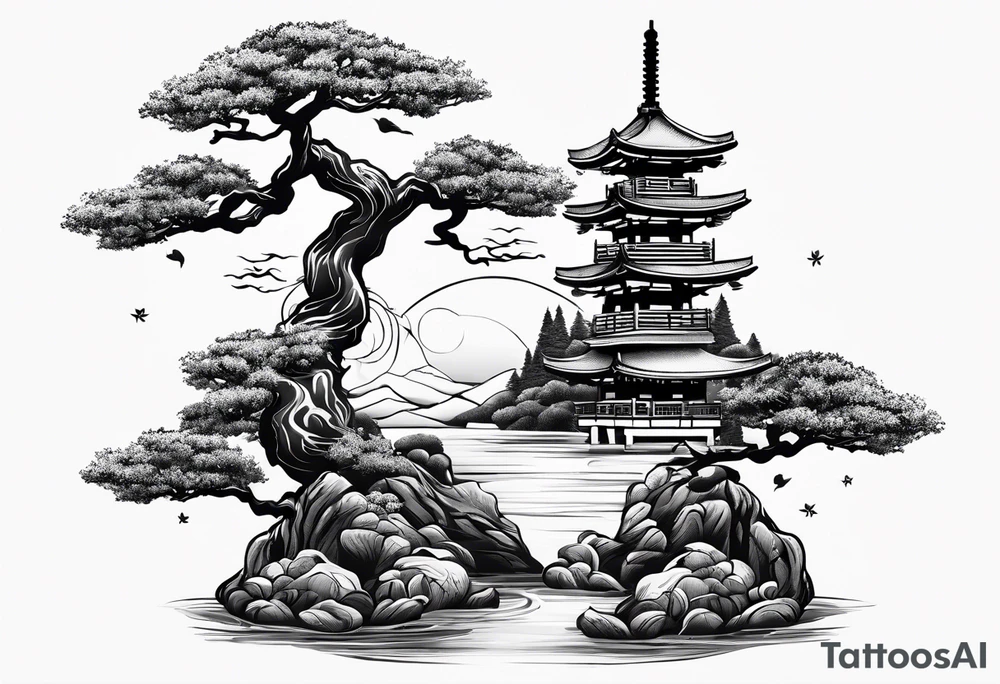 samurai and bonsai tree in japan tattoo idea