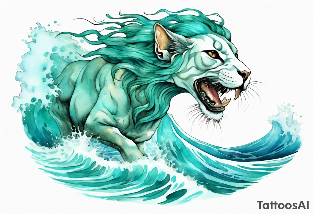a beautiful turquoise sphinx emerging from an ocean wave, crashing onto the shore tattoo idea