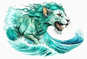 a beautiful turquoise sphinx emerging from an ocean wave, crashing onto the shore tattoo idea