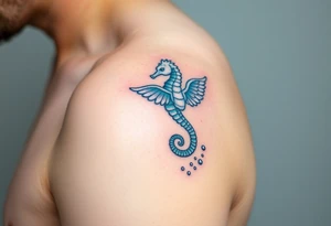 A seahorse with angelic wings in soft pastel blues and whites, leaving a sparkling trail of bubbles tattoo idea