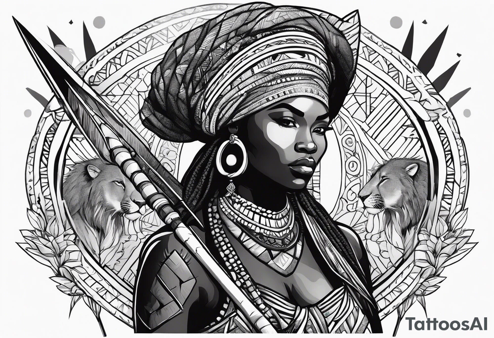 African woman warrior with tribe marks holding a spear with animals in background tattoo idea