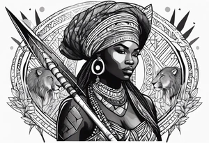 African woman warrior with tribe marks holding a spear with animals in background tattoo idea