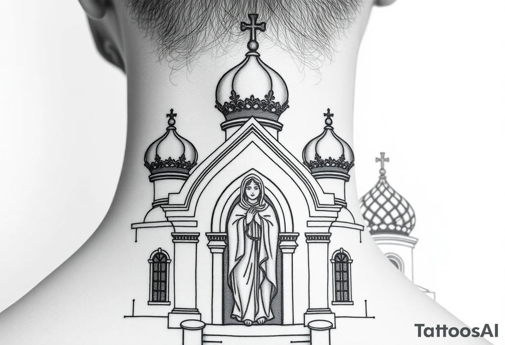 Flowing Scene

A onion domes orthodox church
Virgin Mary in prayer pose on the front doors of the russian orthodox church 
A small double headed russian coat of arms eagle or just the star tucked above the dome near the hairline tattoo idea