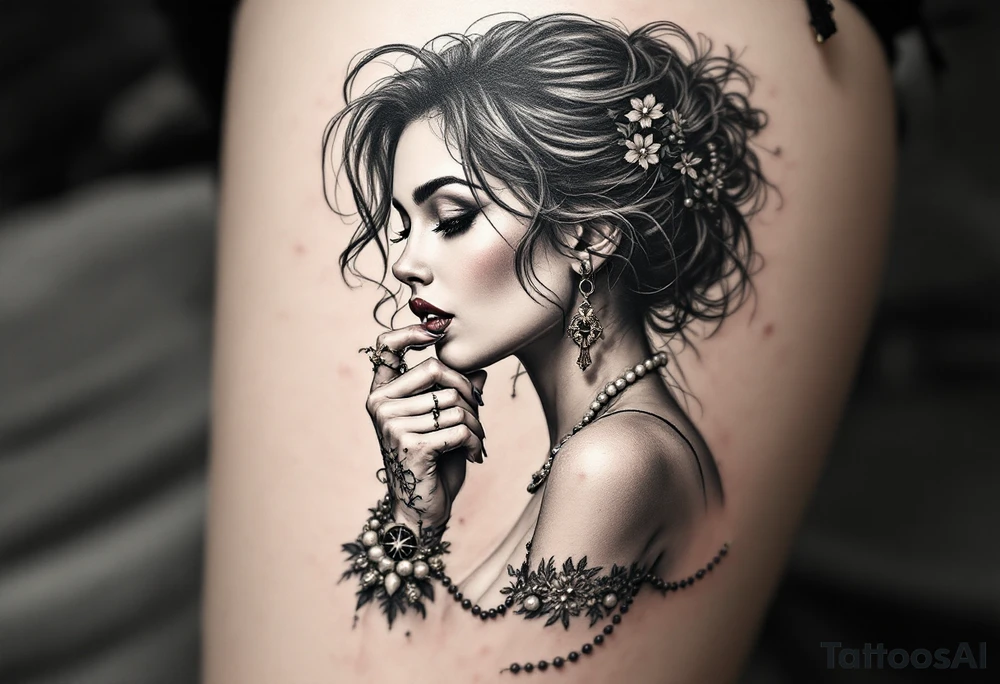 Profile of sexy woman with messy hair 
,resting chin on fist 
, mouth open  , lace, lipstick,  pearls 
compass and gun hand with rosary wrapped around hand tattoo idea