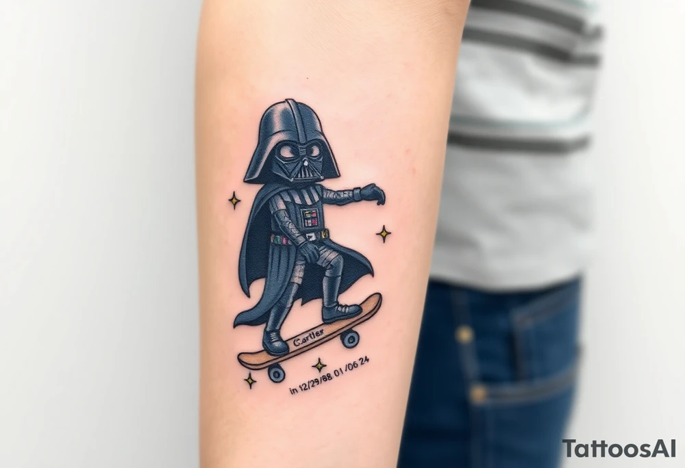 Darth Vader skateboarding > bullets > in loving memory > colors
add words "Darth Carter" to skateboard
add date 12/29/88-01/06/24 tattoo idea