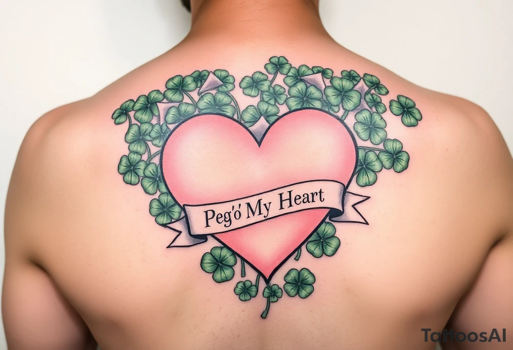 A ton of green shamrocks together with a big pale pink heart with a banner across the heart that says Peg 'o My Heart tattoo idea