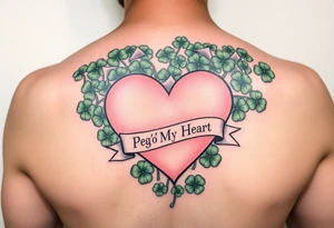 A ton of green shamrocks together with a big pale pink heart with a banner across the heart that says Peg 'o My Heart tattoo idea