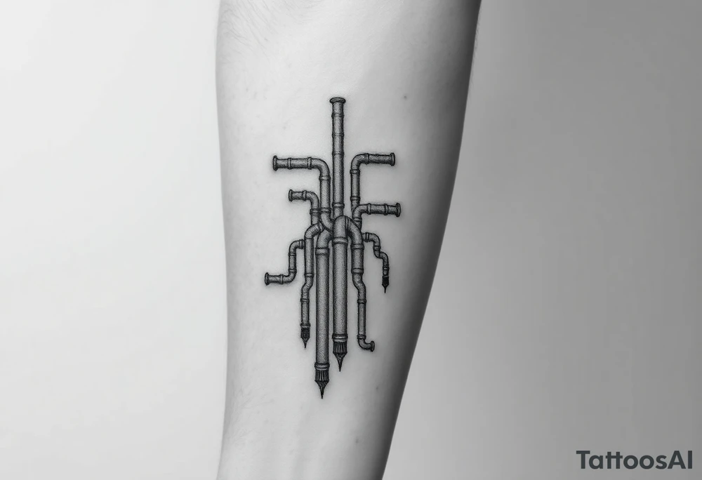wide vertical System of thin pipes that transitions and transforms outwards of sides and end into thick, widespread 
veins of forearm tattoo idea