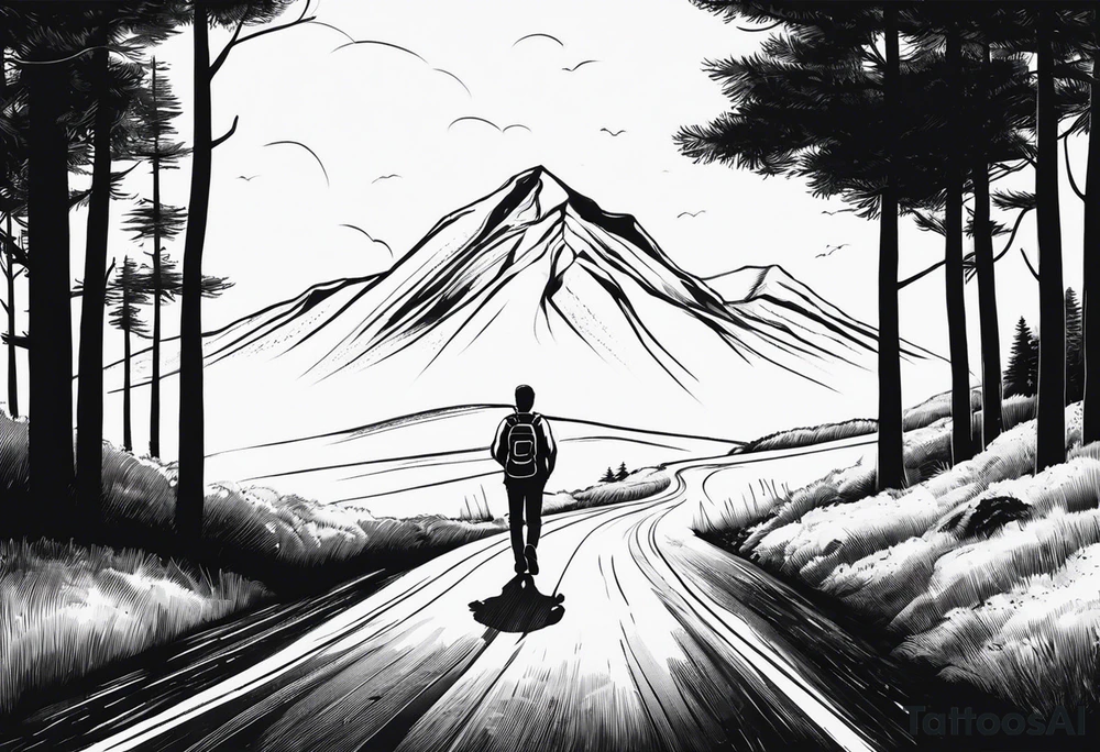 A man with a backpack walking down a road lined with trees, holding a bicycle towards a mountain tattoo idea