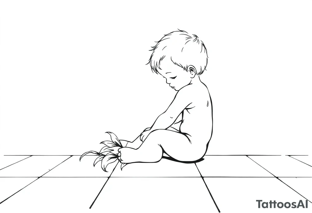 A simple tile floor with a minimalist curled child sitting on the floor with a lily next to her tattoo idea