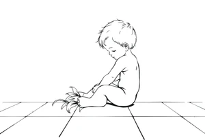 A simple tile floor with a minimalist curled child sitting on the floor with a lily next to her tattoo idea