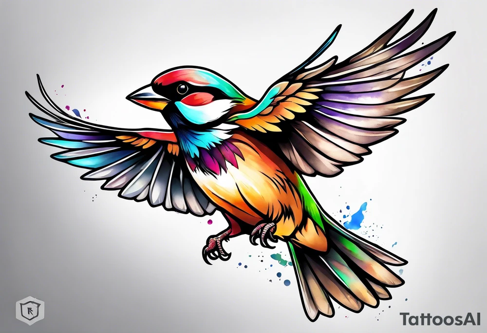 Colorful sparrow in flight tattoo idea