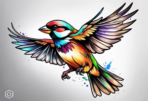 Colorful sparrow in flight tattoo idea