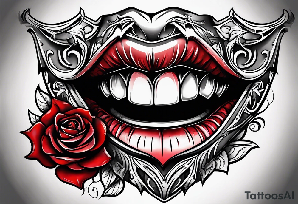 Sexy vampire mouth biting rose tattoo idea