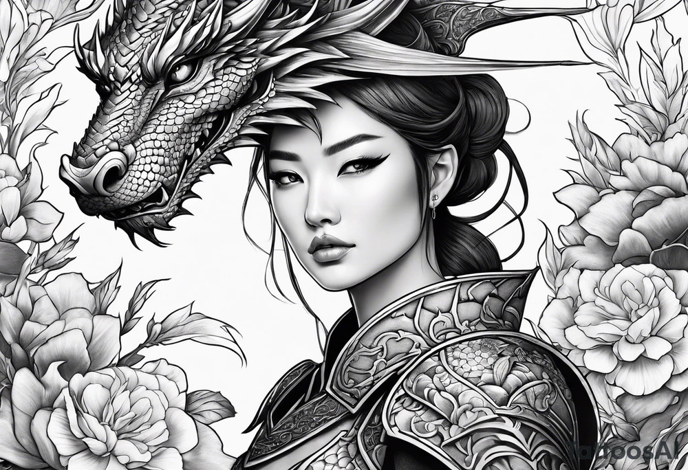 beautiful warrior woman wearing dragon armor and a floral background and a dragon a full picture tattoo idea