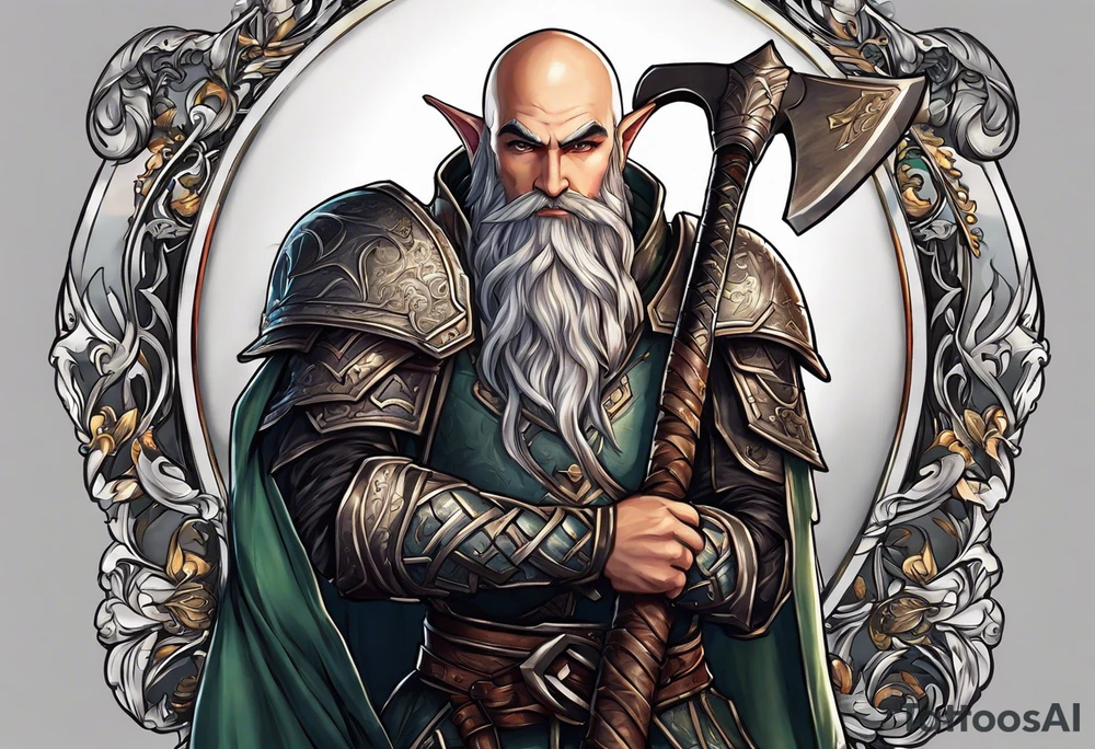 a full-body picture of a human elf, bearded bald male, paladin, holding a battle axe, on my left forearm tattoo idea