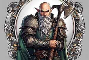 a full-body picture of a human elf, bearded bald male, paladin, holding a battle axe, on my left forearm tattoo idea