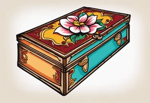 An sailor Jerry style tattoo of a vintage cigar box with one lit cigar and one flower on top tattoo idea