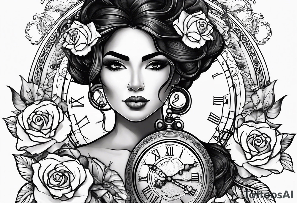Hispanic/ Latin  woman GODDESS with half skull face, roses, loving heART, strength to move forward cancer zodiac , small clock on face tattoo idea