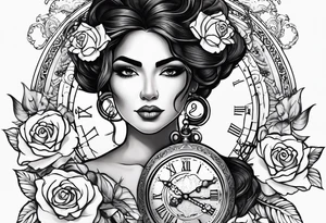 Hispanic/ Latin  woman GODDESS with half skull face, roses, loving heART, strength to move forward cancer zodiac , small clock on face tattoo idea