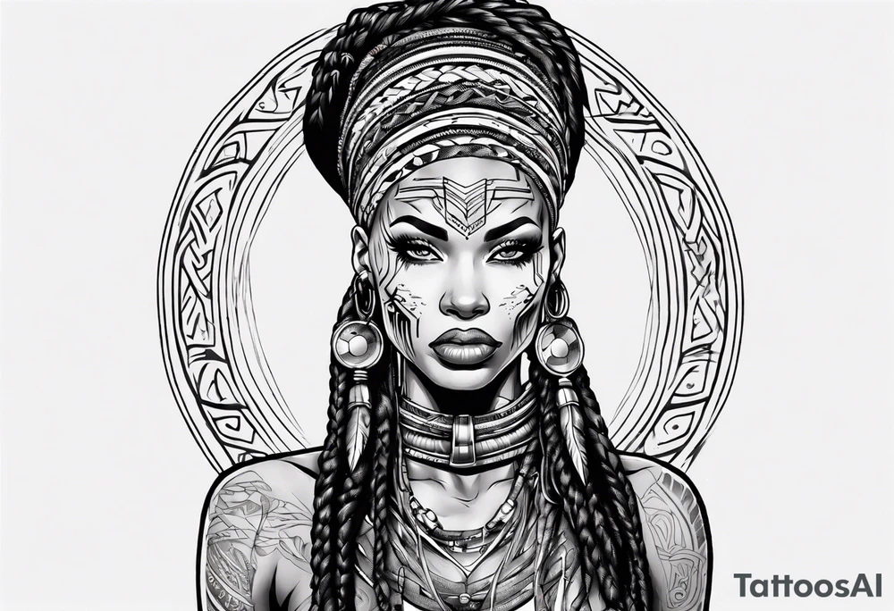 African female Valkyre full body 
slim long face long braided hair tattoo idea