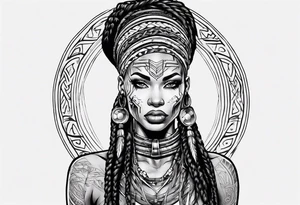 African female Valkyre full body 
slim long face long braided hair tattoo idea