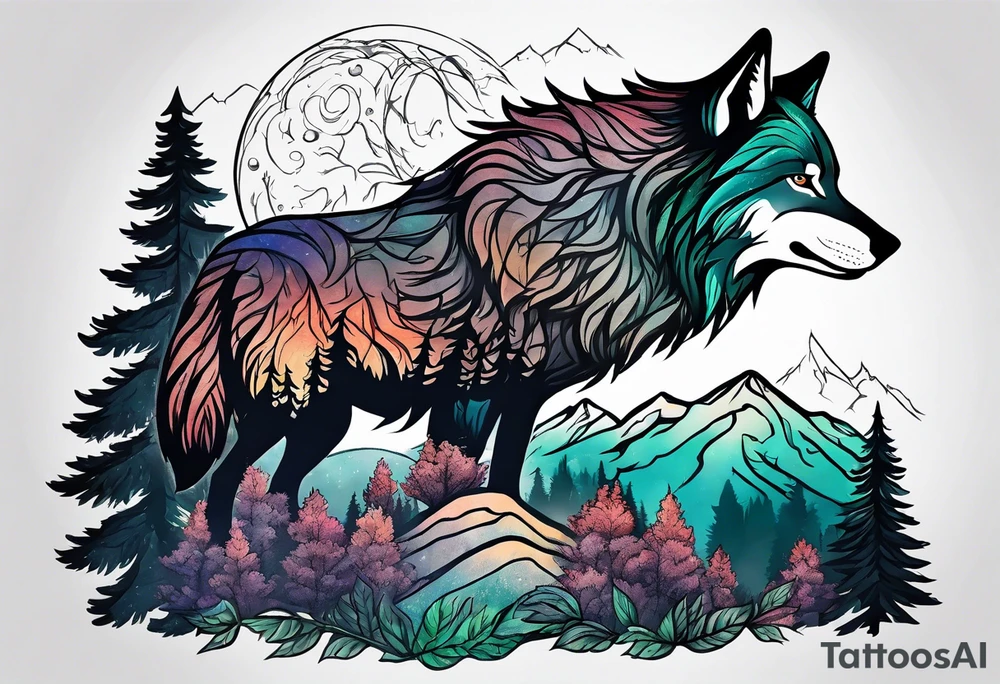 Forest and mountains in wolf body tattoo idea