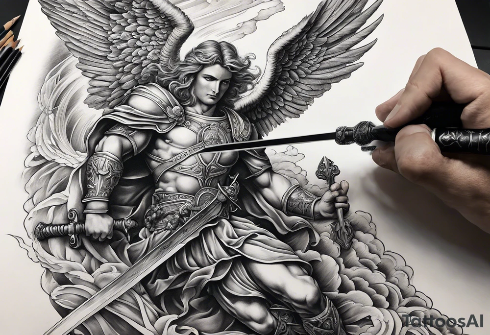 Arm sleeve of St Michael plunging a sword into the devil which is laying on the stairway to heaven. tattoo idea