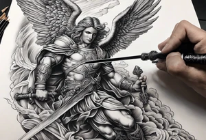 Arm sleeve of St Michael plunging a sword into the devil which is laying on the stairway to heaven. tattoo idea