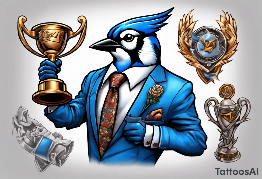 bluejay in a suit holding a trophy tattoo idea