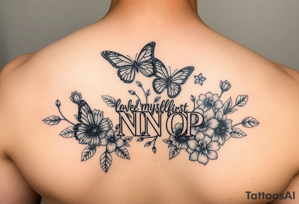 Love myself First with butterflies and flowers 
Letters L,M,N,O,P discreetly hidden among the foliage tattoo idea