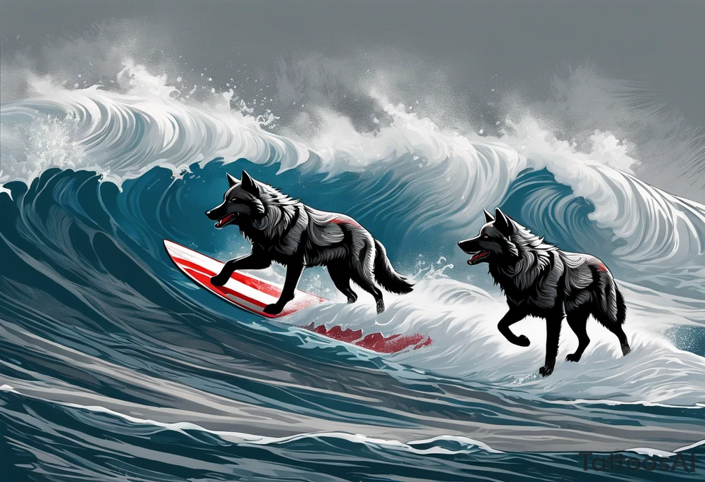 a pack of howling muscular  gray wolves surfing waves with a linear background with red, white and black and gray tattoo idea