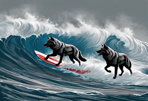 a pack of howling muscular  gray wolves surfing waves with a linear background with red, white and black and gray tattoo idea