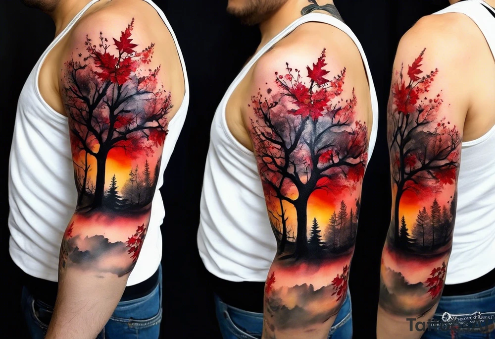 trash polka style. Arm tattoo. chest tattoo. Long tattoo. large tattoo. Full sleeve. Shoulder. A single large maple tree with red autumn leaves that branches upwards from wrist to shoulder. White-throated dipper bird on the trees branches. Calluna flowers at the base of the trees stem. Red/yellow sunset behind the trees stem. Leaves falling. tattoo idea