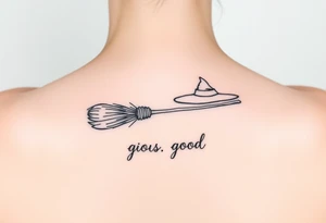 Wicked broom and wand with witch hat, and lettering “for good” tattoo idea