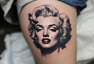 Classic black and grey Marilyn Monroe portrait with only the beauty mark and lips in wine red. tattoo idea