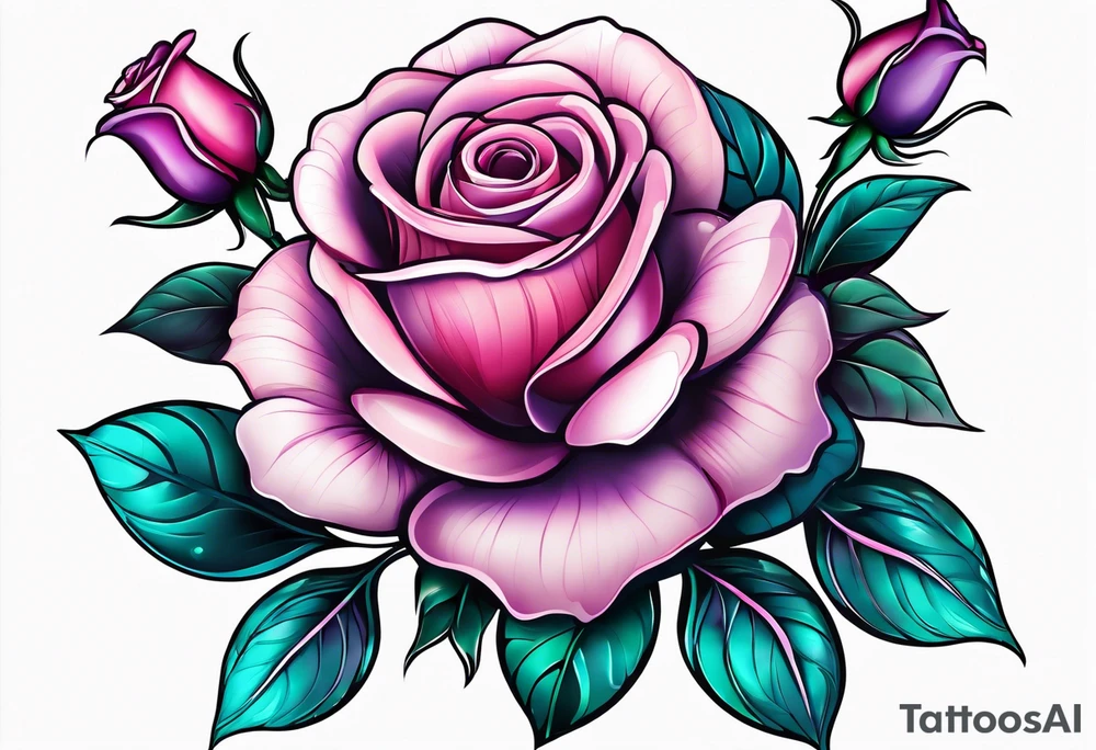 Vertical Pink purple roses with teal leaves tattoo idea
