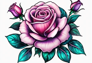 Vertical Pink purple roses with teal leaves tattoo idea