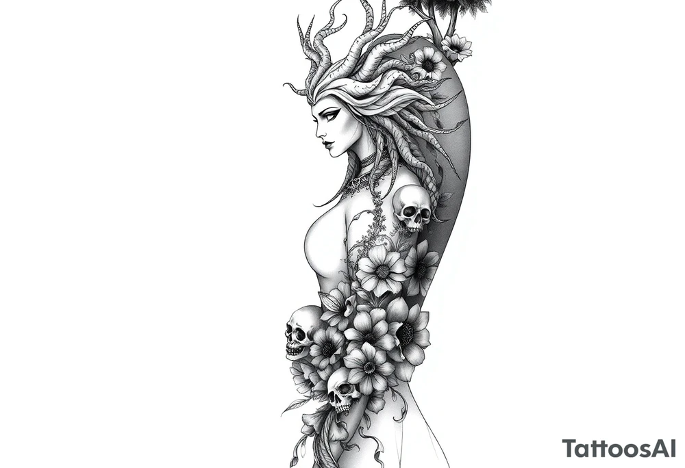 Ethereal Medusa standing. She is beautiful and feminine. She is a phoenix rising from fire and ash. Surrounded by flowers and skulls tattoo idea